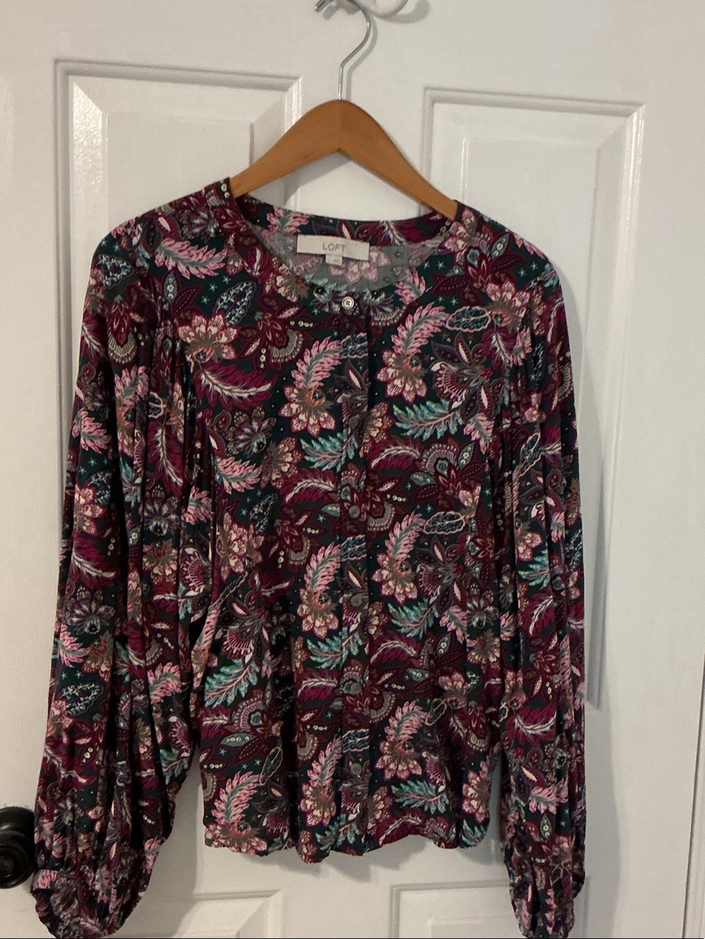 LOFT Burgundy Floral Paisley Button-Down Blouse with Teal Accents